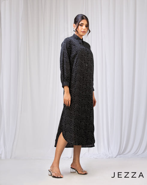 Refined Ease: Long-Sleeve Button Midi Dress-Top 72351